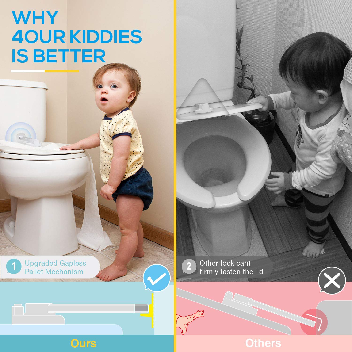 Baby Proofing Toilet Lock [2 Pack] Upgraded Gapless Pallet Mechanism for Child Safety, Universal Fit for Most Toilet Lid, Toolless 3M Adhesive Intallation with No Damage to Toilet. : Baby