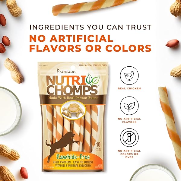 NUTRICHOMPS DOG CHEWS 5-INCH TWISTS, EASY TO DIGEST, RAWHIDE-FREE DOG TREATS, 10 COUNT, REAL PEANUT BUTTER FLAVOR (PACKAGING MAY VARY)