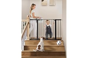 COMOMY 29.5-46" Baby Gate for Stairs, Auto Close Dog Gates for Doorways with Green/Red Sign, Pressure Mounted Pet Gates for The House Extra Wide, Indoor Child Safety Gate with Door(30" Tall, Black)