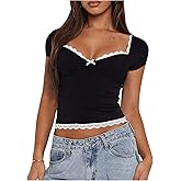 SOLY HUX Women's Contrast Lace Tee Crop Tops Sweetheart Neck Cap Sleeve Summer Y2k T Shirt