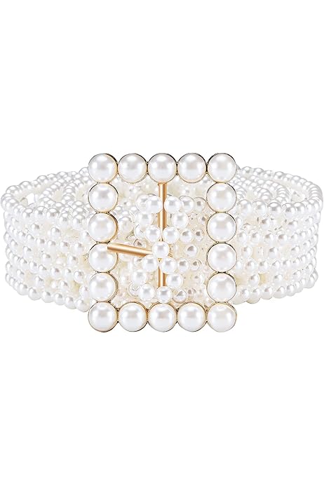 Elerevyo Women Faux Leather Pearl Buckle Belt, 1.2