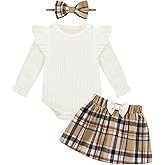 Weixinbuy Baby Girls Fall Outfits 3-Piece Set Long Sleeve Romper & Plaid Skirt Headband Soft Snap Closure 0-18M