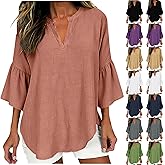 Linen Shirts for Women Loose Fit Ruffle Sleeve Spring Tops 2026 Summer 3/4 Length Sleeve Womens Shirt Dressy Casual