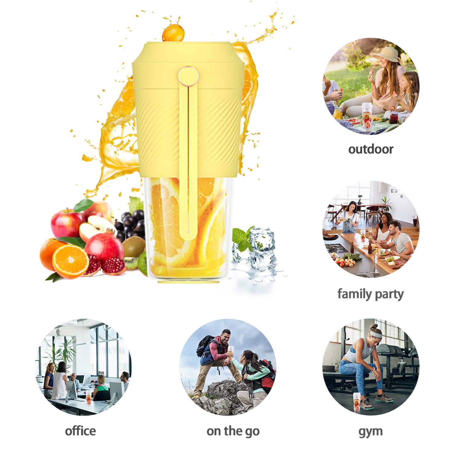 ALL JOINT Portable Juice Blender Mini Handy USB Rechargeable Fruit Mixer Cup Smoothies 11oz Home Outdoor Travel Juicer BPA Free(Yellow)