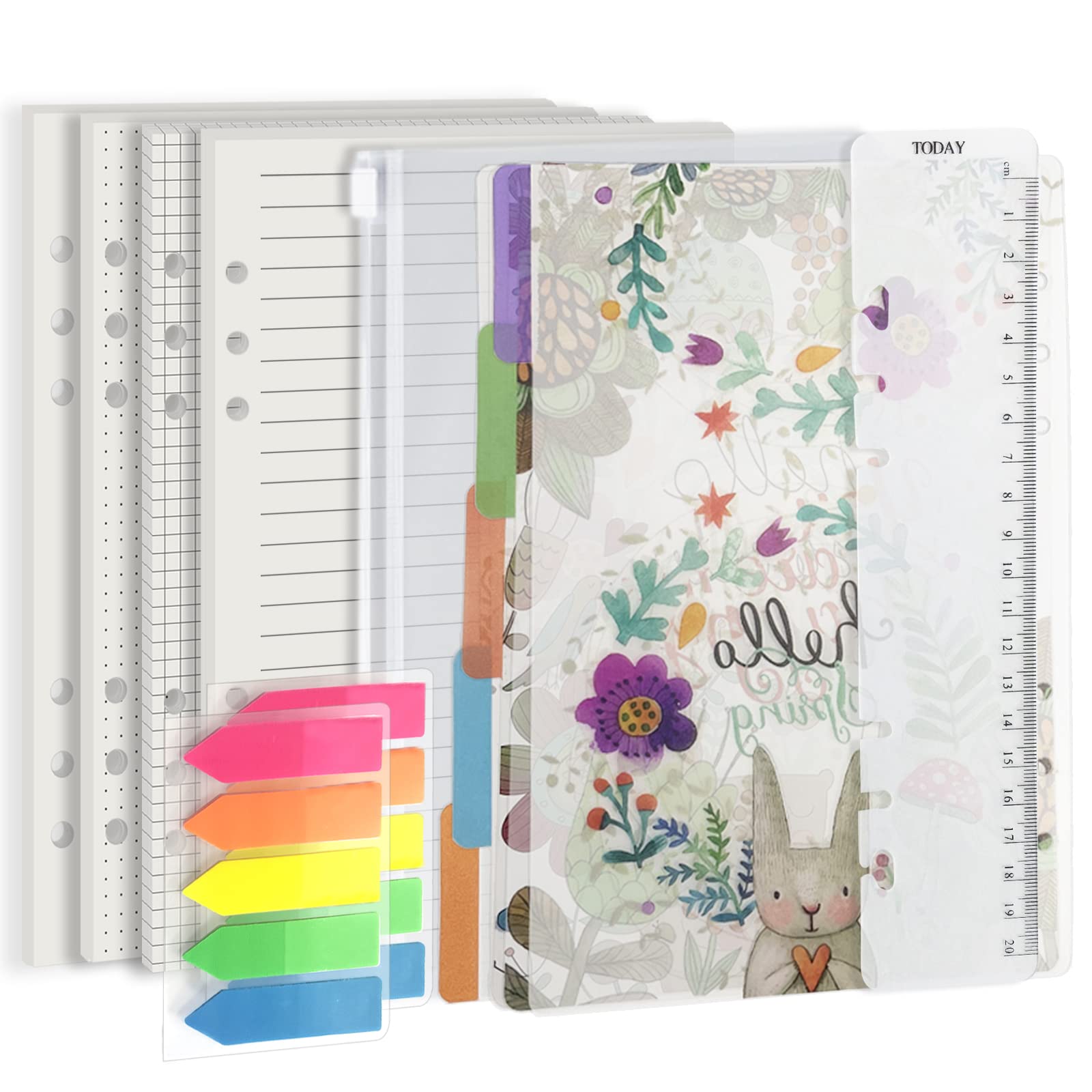 Harphia A5 Planner Inserts Paper Refills Set with divider Sticker Pouch Ruler, for compatible with Filofax, 6 Ring Dot,Line,Grid,Plain,80 sheets/160 Pages 100 GSM Thickness 5.59 x 8.27''