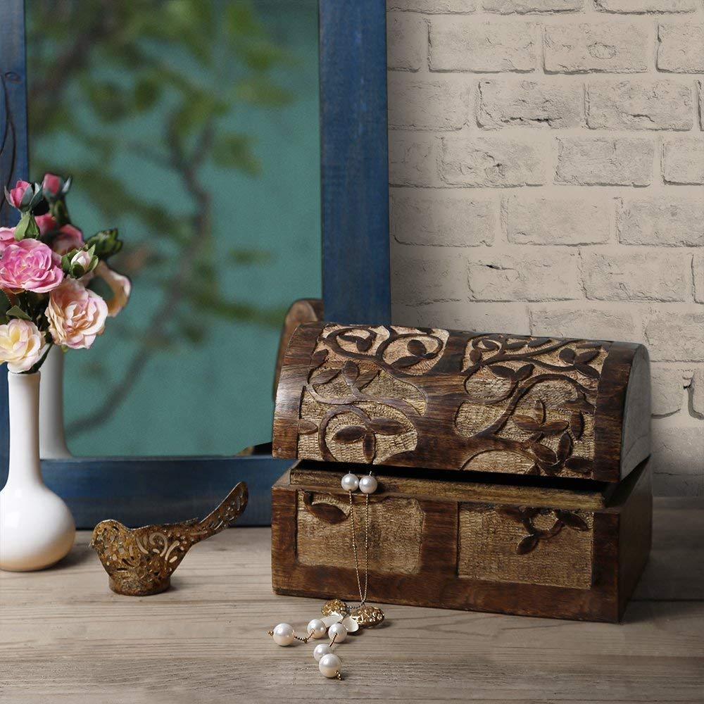 Great Birthday Gift Ideas Handmade Decorative Wooden Jewelry Keepsake Box With Tree of Life Carvings Jewelry Organizer Treasure Chest Trinket Holder Watch Storage Lock Box (Antique Finish)