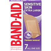 BAND-AID Brand Adhesive Bandages for Sensitive Skin, Extra Large, 7 Count | Hypoallergenic with Painless Removal, Sterile Wound Care for Minor Wounds, For First Aid Kits, Suitable on Eczema Prone Skin