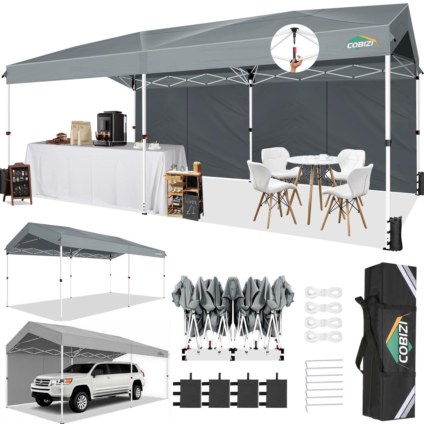 Photo 1 of **MINOR USE WEAR**COBIZI 10x20 Pop up Canopy with 1-Button Push Lock Gazebo with Waterproof UPF50+ Sidewalls, Adjustable Height Outdoor Shelter Canopy Tent 10 x 20 for Parties/Wedding/Backyard/Commercial,Grey