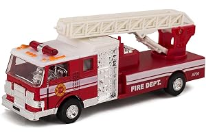 Master Toy Children's Collectible Die-Cast Metal Pull-Back Action & Sound Fire Engine Truck with Ladder, Red