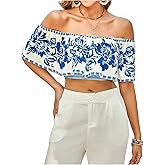 SweatyRocks Women's Boho Off The Shoulder Crop Tops Ruffle Floral Summer Blouses