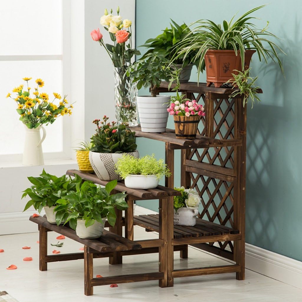 LIZX Four-tier Ladder Flower Racks, Carbonization Anti-corrosion Solid Wood Flower Pot Rack, Multi-purpose Indoor And Outdoor Plant Stands