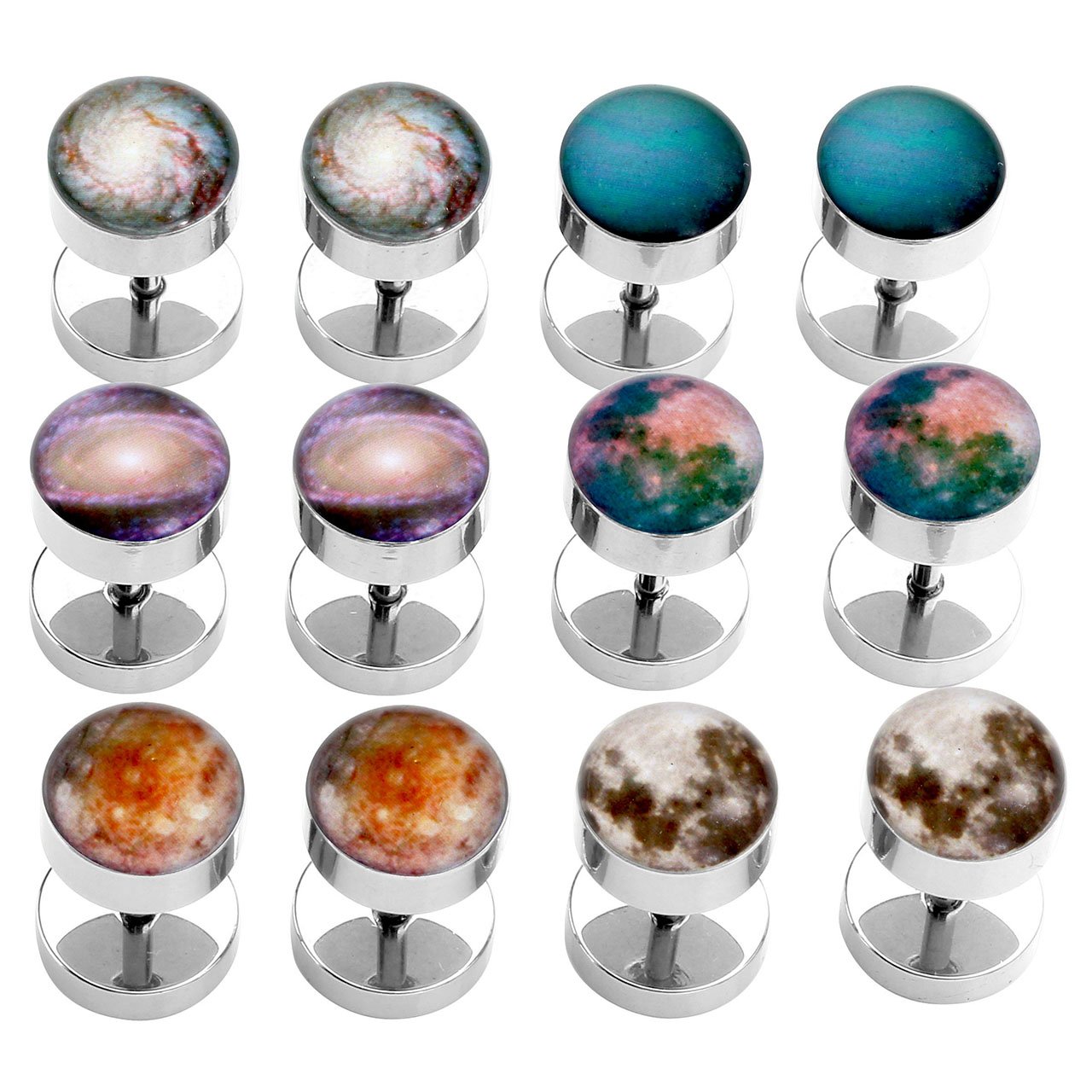PiercingJ - Faux 12PCS Clou Boucle d\'Oreille Galaxie Univers Planete Haltere Barbell Rond Motif Tunnel Expandeur Ecarteur Acier Inoxydable Plug Flesh Punk Rock Unisexe 8mm - Set#01