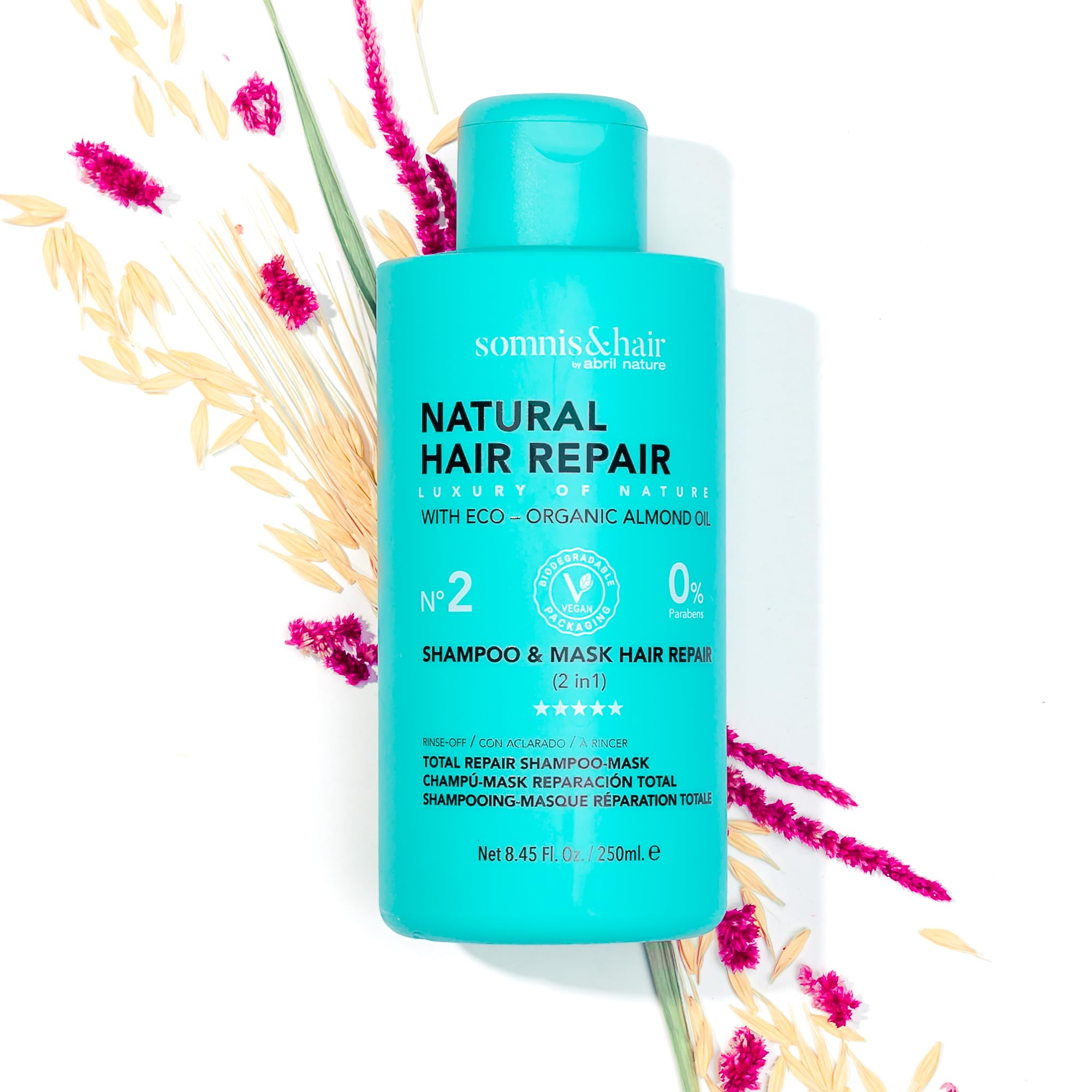somnis&hair - 2 in 1 Shampoo and Mask for Damaged or Dry Hair - Total Repair and Anti-Breakage - Strengthens and Hydrates - Paraben-Free - Vegan - 250 ml