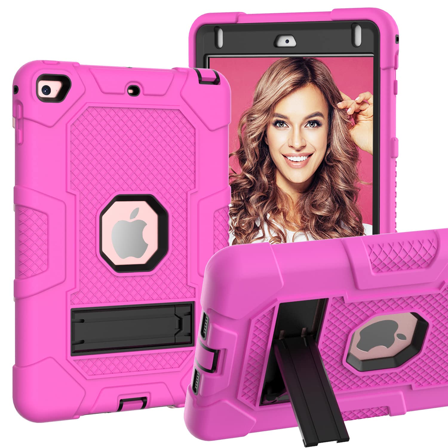 iPad mini4/5 Case with Stand, Heavy Duty Shockproof Hard Hybrid Triple Layer Protective Soft Shell Apple Tablet Silicone Case (Rose + Black)