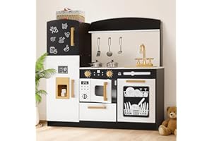 Kinder King Wooden Kids Play Kitchen, Toy Kitchen Playset for Toddler, Play Kitchen Set w/Blackboard, Transparent Coloring Board, Pretend Dishwasher, Oven, Ice Maker, Gift for Boys Girls Age 3+, Black