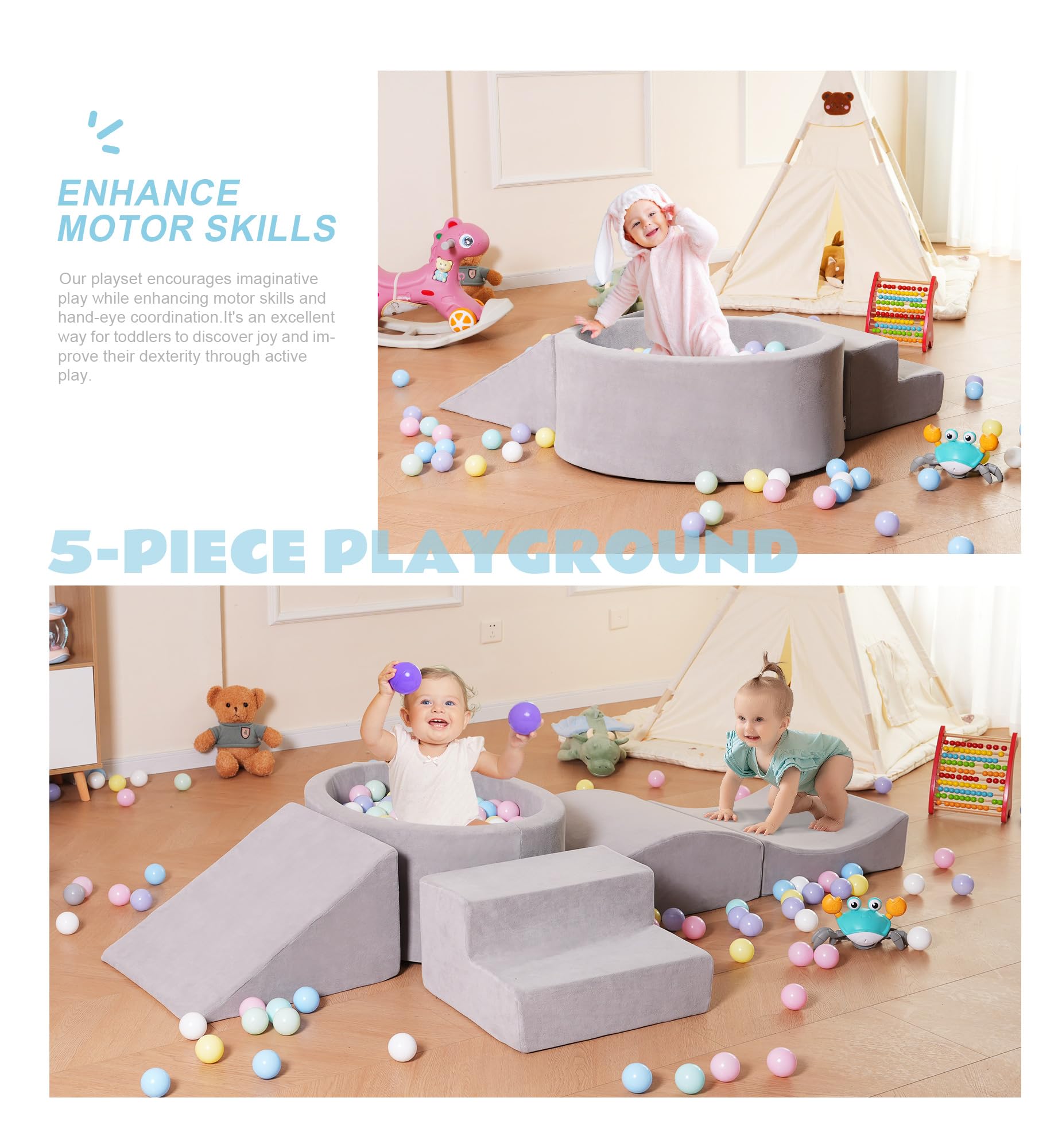 Elftopia Foam Climbing Blocks with Ball Pit Designed for Toddlers Aged 1-3 -Great for Indoor Crawling, Inside Foam Playground Set for Little Ones to Active Playing -(Balls NOT Included) Grey