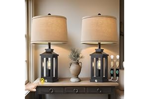 G-SAFAVA 23.75" Retro Farmhouse Black Table Lamp for Living Room Bedroom Nightstand Set of 2 Touch Control Bedside Nightlight Vintage Modern Lamp with USB C+A Ports and 2 Light Sources
