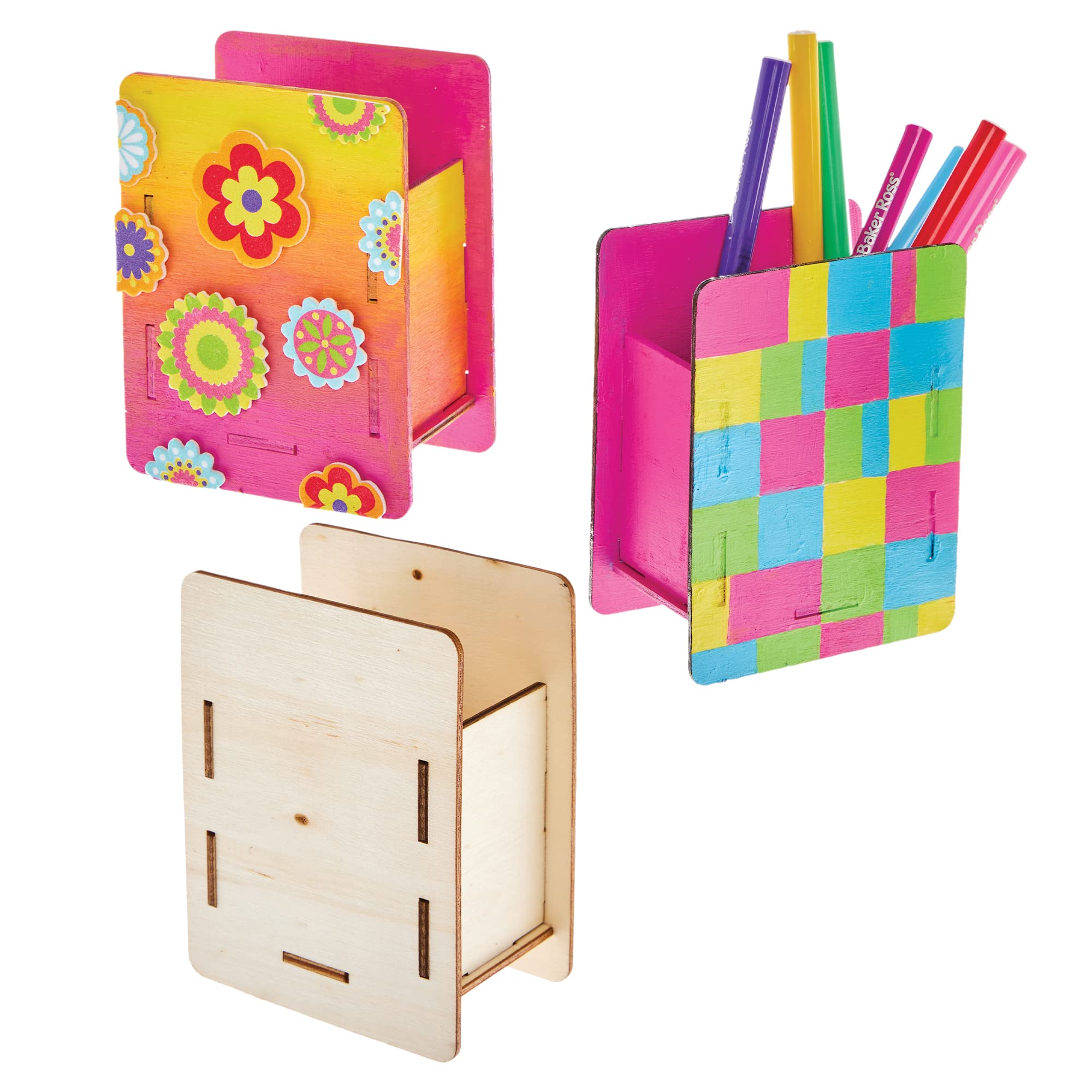 Baker Ross FX820 Wooden Pen Pot Kits - Pack of 3, Wood Craft Kits for Kids