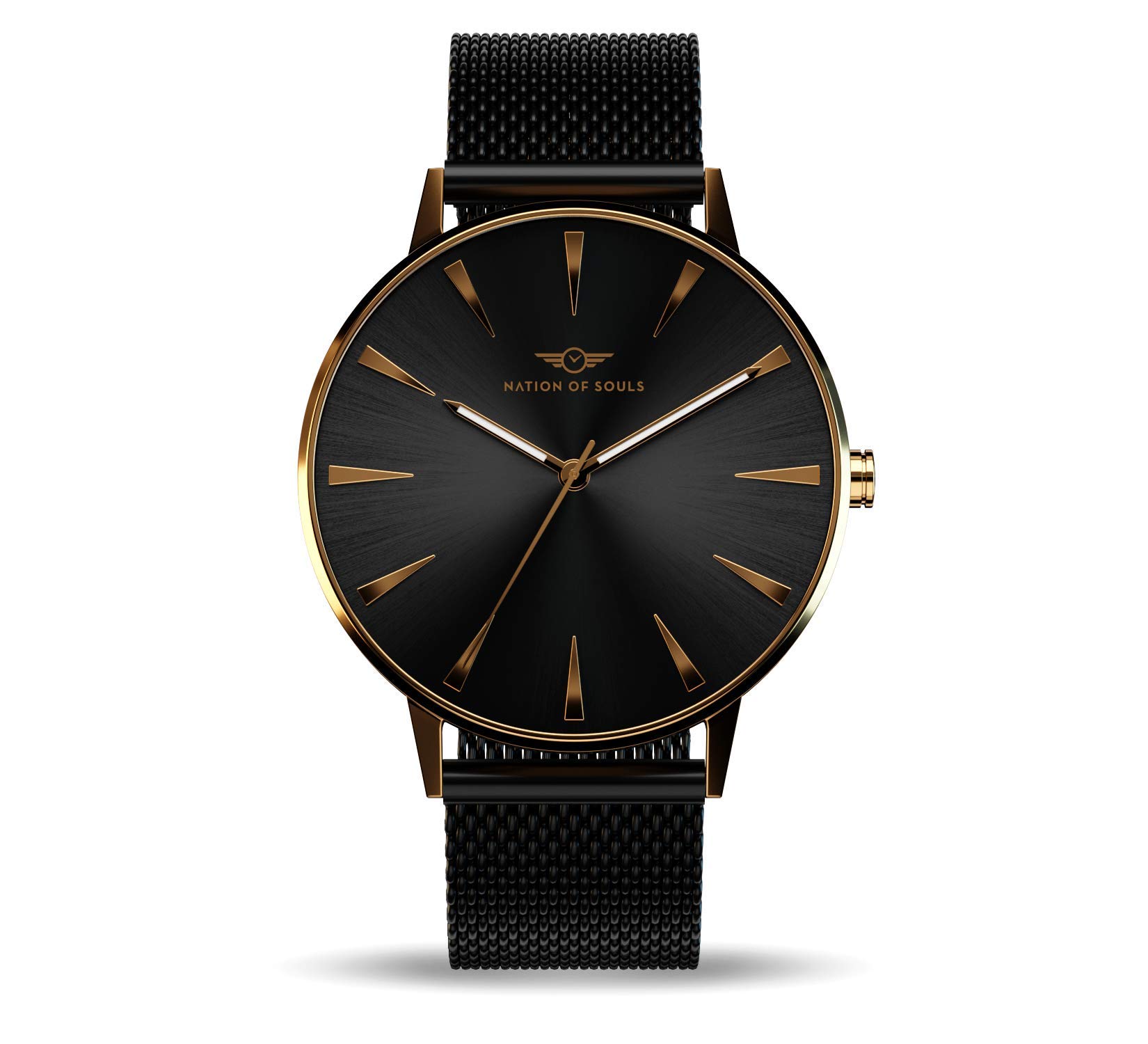 Nation of Souls Argo Collection Gold Gloss and Black Unisex 42mm Stainless Steel Case Wrist Watch with 20mm Mesh Strap British Designed Watches