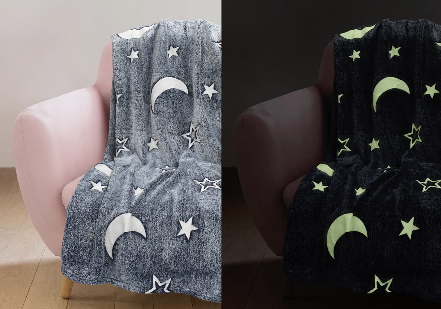 HOMES-LINEN Glow In The Dark Grey Fleece Blanket Throw with Moons and Stars Pattern Super Soft Blanket for All Seasons (Grey, 100cm x 150cm)