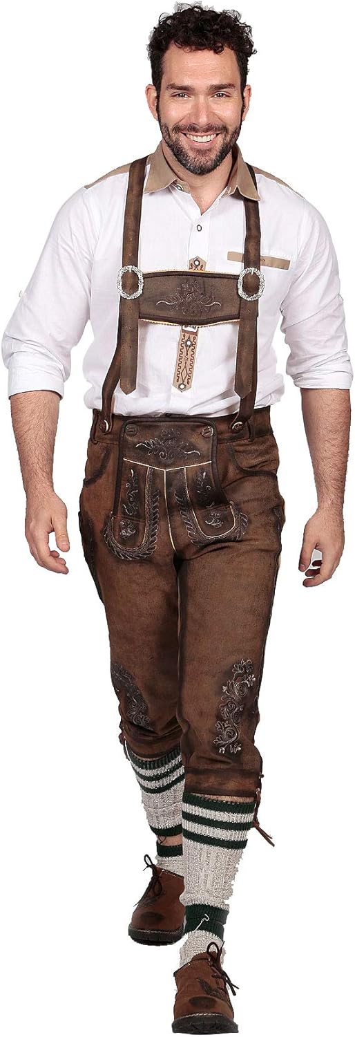 Knee Long Trachten Bundhosen Dark Brown, Authentic German Mens Lederhosen Long Oktoberfest Costume: Clothing