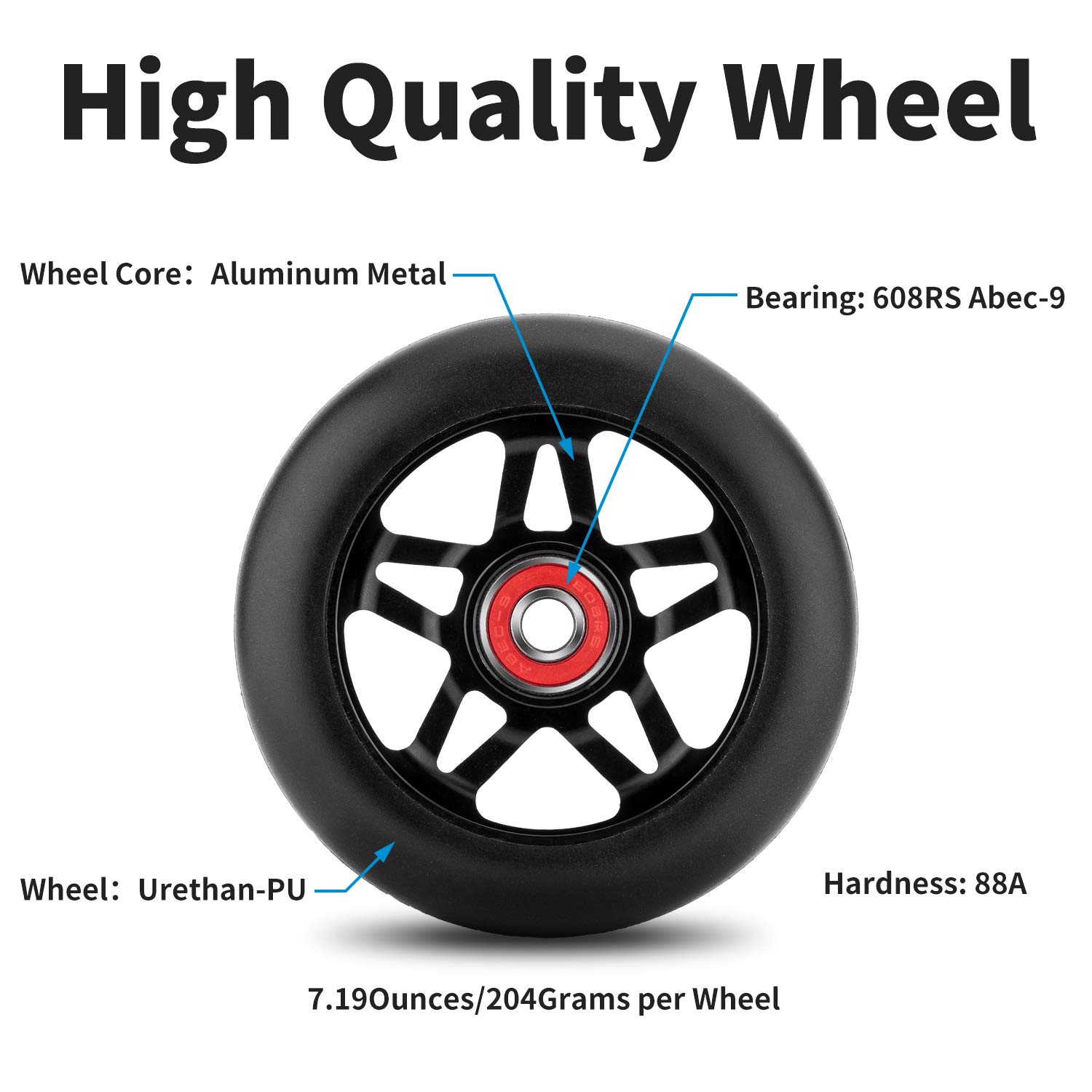 NONMON 2 Pack 100mm Scooter Wheels,88A Replacement Scooter Wheel with ABEC-9 608RS Bearings Installed for Pro Scooters Kick Scooters, Black