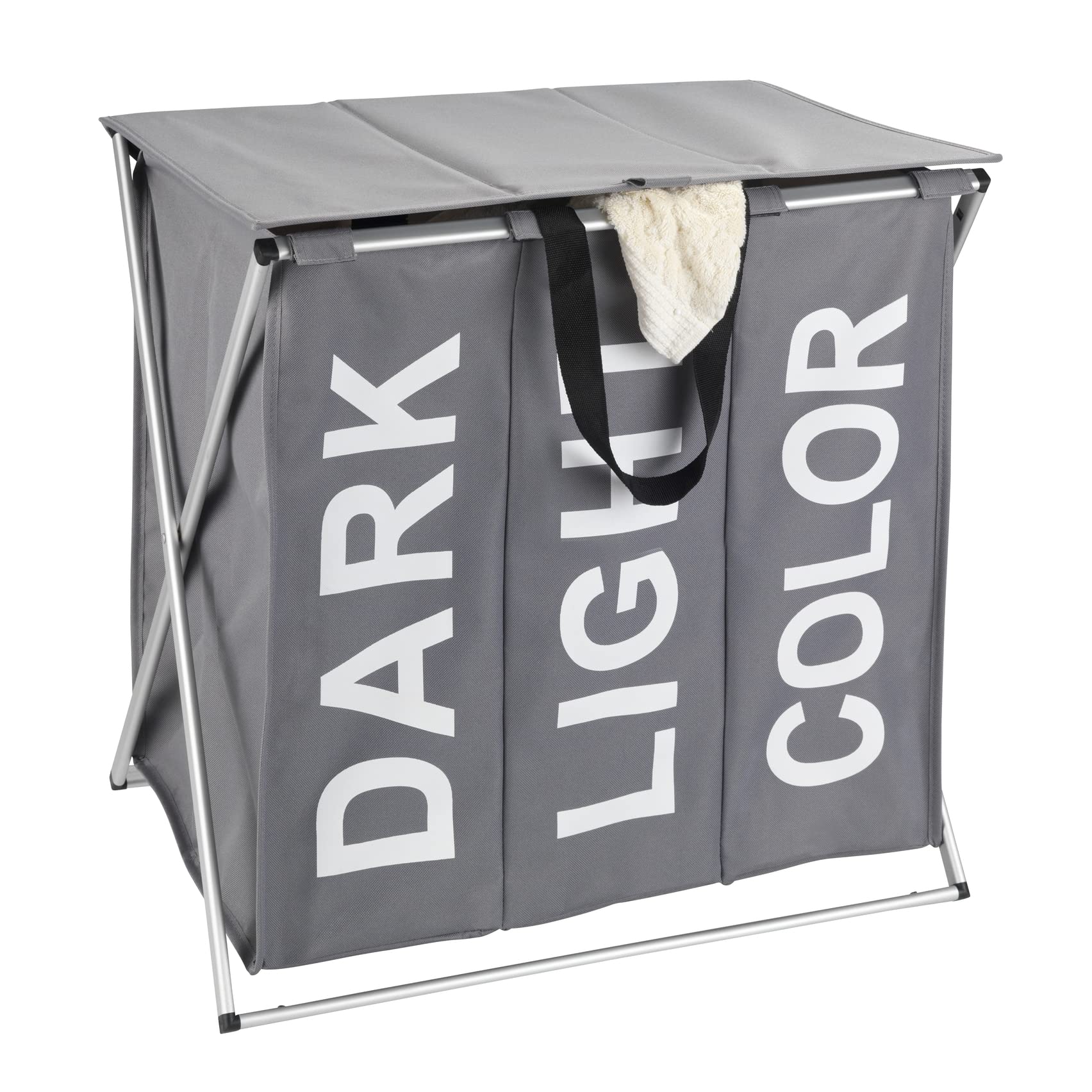 WENKO Trio Top Hamper Grey Flexible Laundry Basket with Lid and Carry Handles Lots of Storage Capacity 118 Litres and Three Compartments Modern Lettering Dark, Light, Color, Polyester, Groß