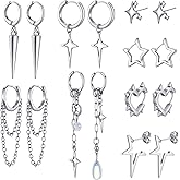 Quelay 8 Pairs Dangle Hoop Earrings for Men Women Punk Y2k Goth Gothic Tassel Chain Drop Star Moon Stud Huggie Earrings Gift
