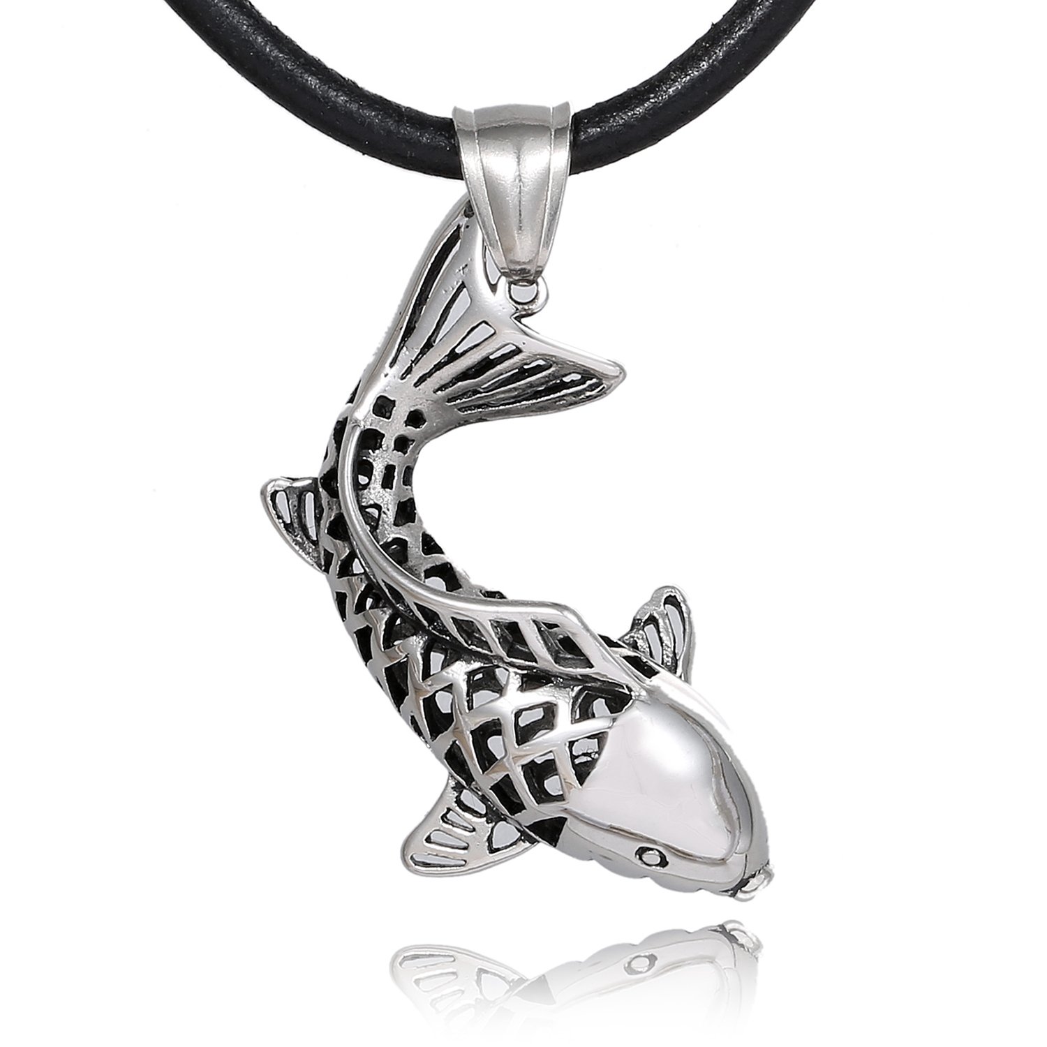 DonDon Men's Leather Necklace 50 cm with Pendant Lucky Fish Koi Stainless Steel in Velvet Pouch