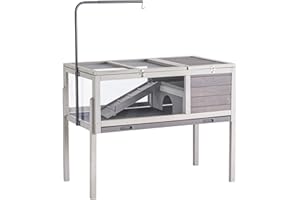 BIRASIL Wood Tortoise Enclosure with Adjustable Light Stand,2-Tier Habitat Reptile Cage with Swimming Area Feeding Area, Tortoises House for Small Animals Lizards Hamster (Gray)