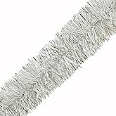 CareCheer 25 Feet Christmas Tree Tinsel Garland Metallic Twist Garland Sparkly Foil Streamer for Mardi Gras Parade Floats Christmas New Year Wedding Birthday, 4" x 25' (Silver & White)