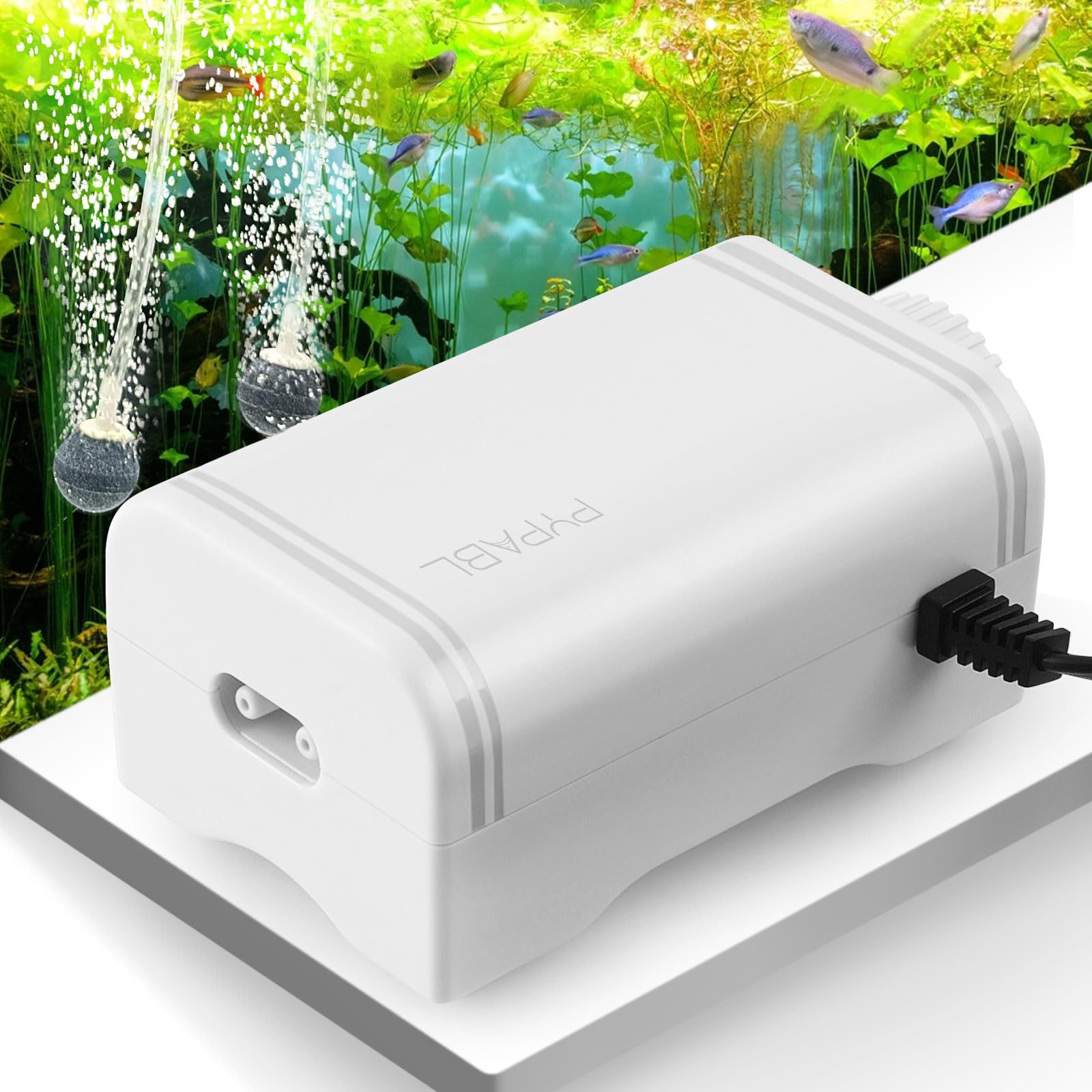 PYPABL Aquarium Air Pump, 4W Ultra Quiet Oxygen Pump, Powerful Whisper Aerator for up to 400L Fish and Turtle Tank, Fish Air Bubbler with Air Tube Air Stone Check Valve
