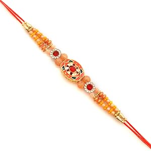 Kwatchi Designer Rakhi Gift Set for Brother with Greeting Card, Roli Chawal & Fridge Magnet | Handmade Beaded Raksha Bandhan