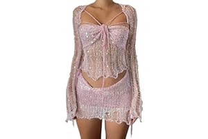 xxxiticat Women's Hollow Out Skirt Matching Set Long Sleeve Cardigan Jacket Bralette Crop Top Crochet Skirt Three Piece Suit