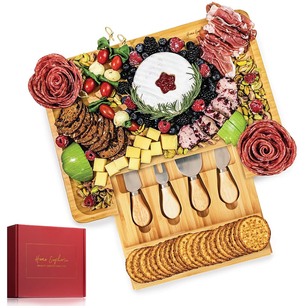 Bamboo Cheese Board and Knife Set - Beautiful Charcuterie Board for Wine, Cheese, and Gifts Image