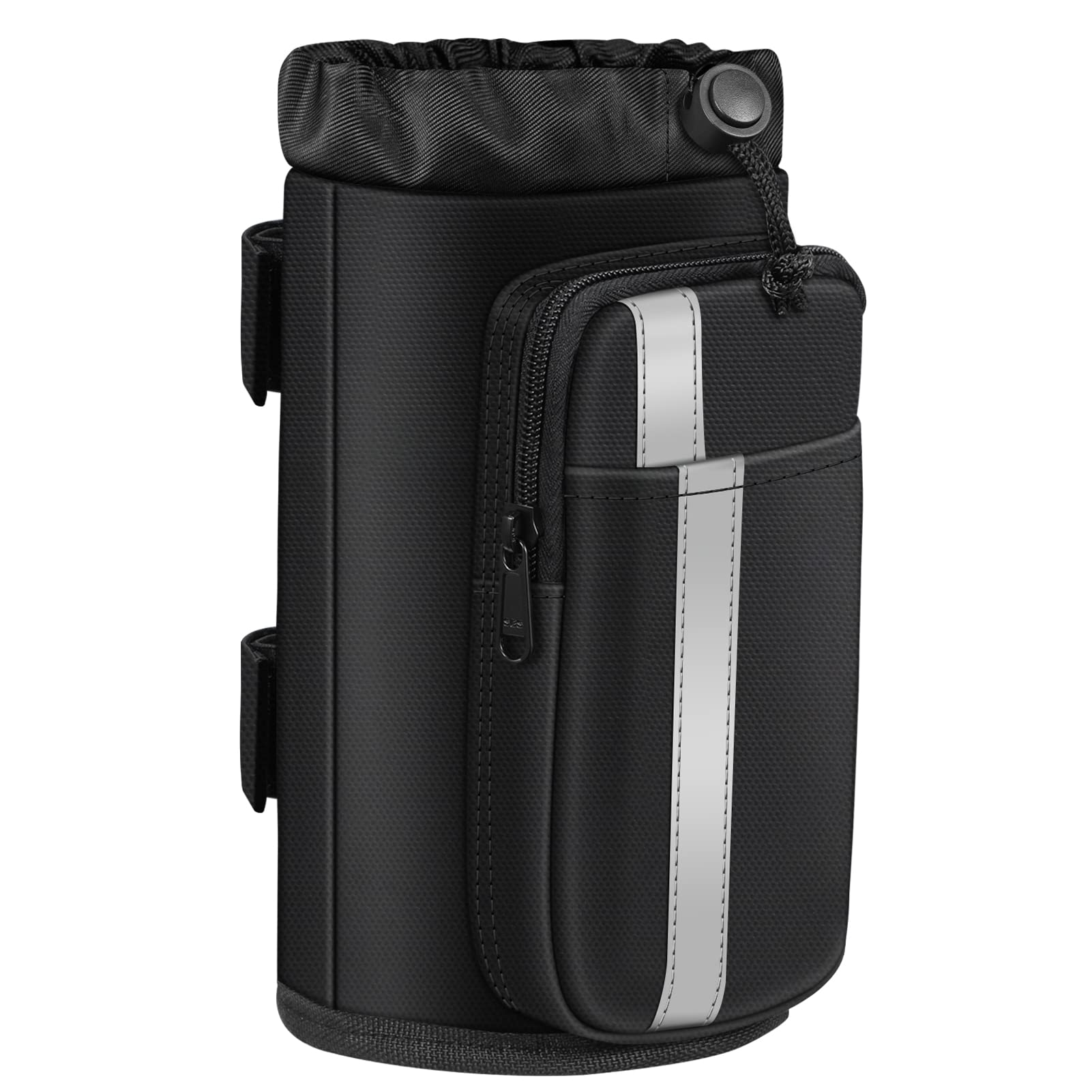 FINPAC Cup Holder for Bike, Universal Water Bottle Holder with Phone Pockets for Stroller Walker Golf Cart Rollator and Scooter, Drink Holder for Outdoor, Biking - Black