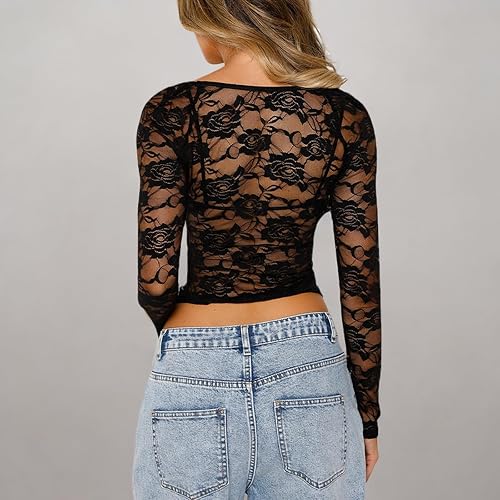 Women Long Sleeve Lace Mesh Top Slim Fit See Through Crop Shirt