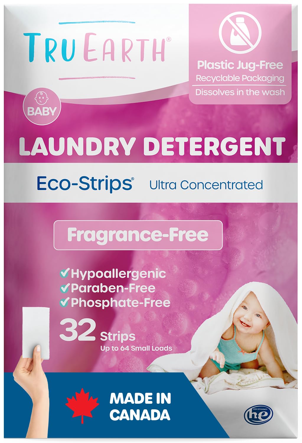 Tru Earth Hypoallergenic Baby Laundry Detergent Sheets/Eco-Strips for Sensitive Skin, 32 Count, Up to 64 Loads: Fragrance Free Detergent for Newborn, Infants, Toddlers, Children, Baby Clothes