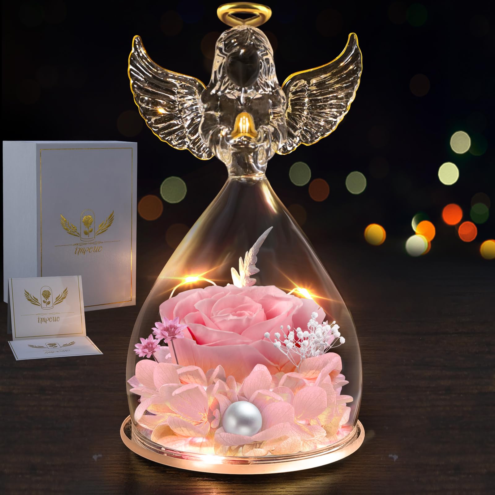 Photo 1 of Impouo Angel Gifts for Women, Preserved Rose Flower in Glass Angel Figurines with LED Light, Mother's Day and Christmas Thanksgiving, Valentine's Day, Birthday Gifts for Grandma?Mom?Wife