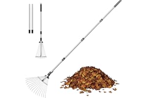 MEKEET Garden Rake for Leaves, Heavy Duty Metal Adjustable Leaf Rake for Lawns, Length 37"-68", Adjustable Expandable Head 8"-15", Garden Tools for Lawn Garden Yard Flowers Beds Bush