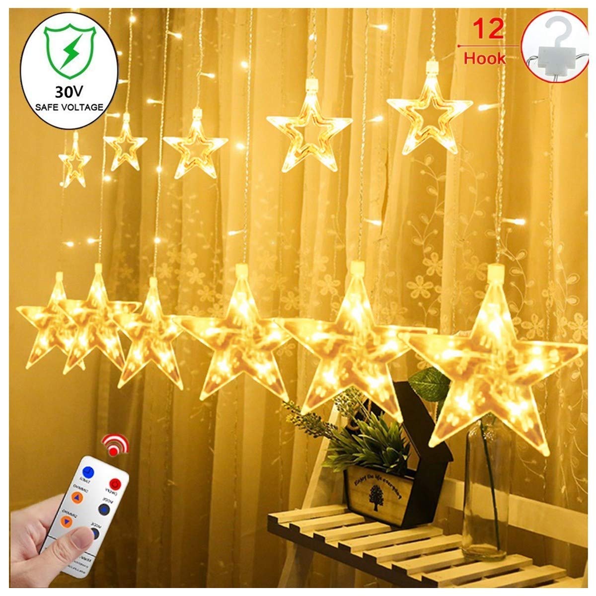 YINUO LIGHT 12 Stars 138 LED Curtain String Lights, Window Curtain Lights with 8 Flashing Modes Decoration Christmas, Wedding, Party, Home, Patio Lawn, Warm White