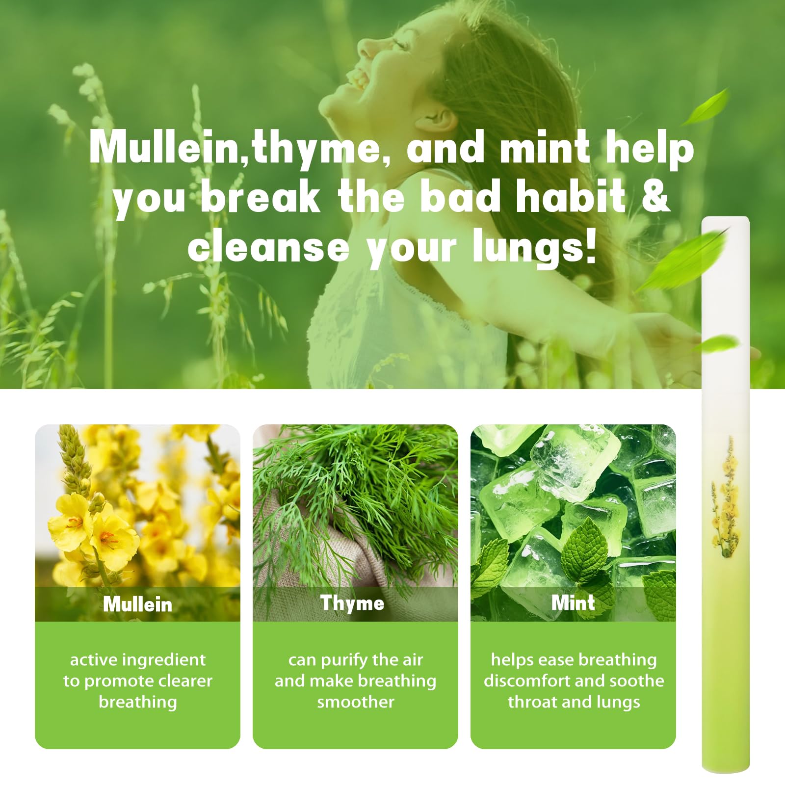 Mullein Herbal Diffuser Upgraded with Extracts of Mullein, Thyme and Mint for Cleansing Lungs, Improving Breathing and Oral Air Freshening- 2 Stick, 2 Pack