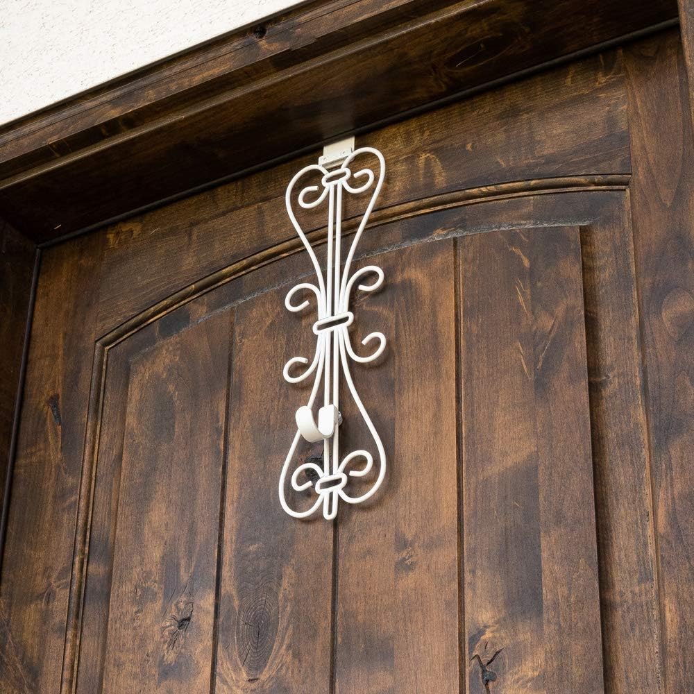 [Front Door Wreath Hanger] - Elegant Design | Adjustable Hook Length for Tall and Small Doors | Padding to Prevent Damage Like Scratch and Dents | Heavy Duty Cast Iron Metal Hangar - (White): Kitchen & Dining