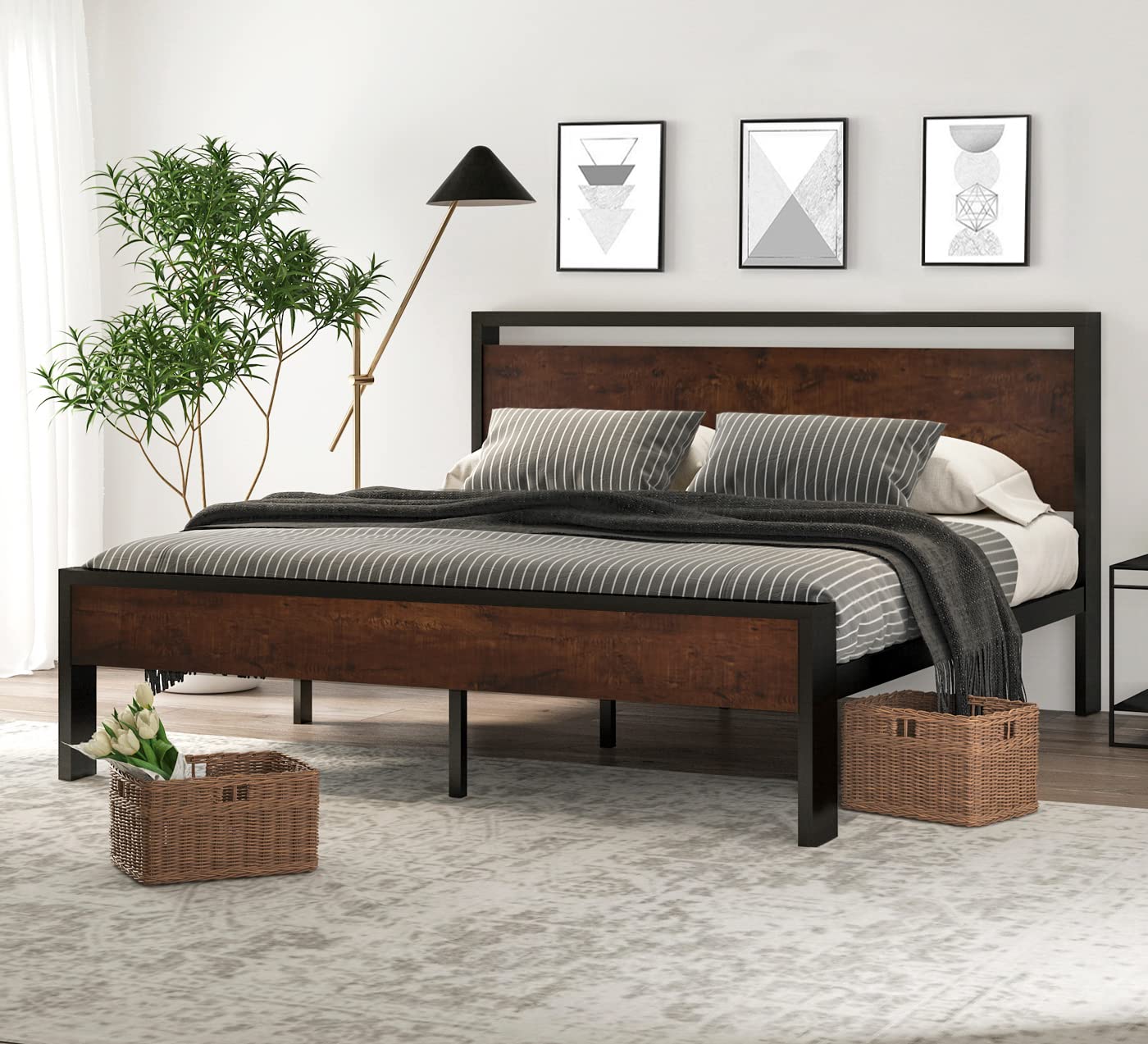 SHA CERLIN 14 Inch King Size Metal Platform Bed Frame with Wooden Headboard and Footboard, Mattress Foundation, No Box Spring Needed, Large Under Bed Storage, Mahogany Image