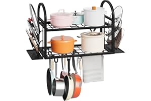 HOOBRO Pot Rack Wall Mounted, 2-Tier Kitchen Pot and Lid Organizer with 6 Lid Holders and 10 Hooks, Wall-Mounted Pot Rack wit