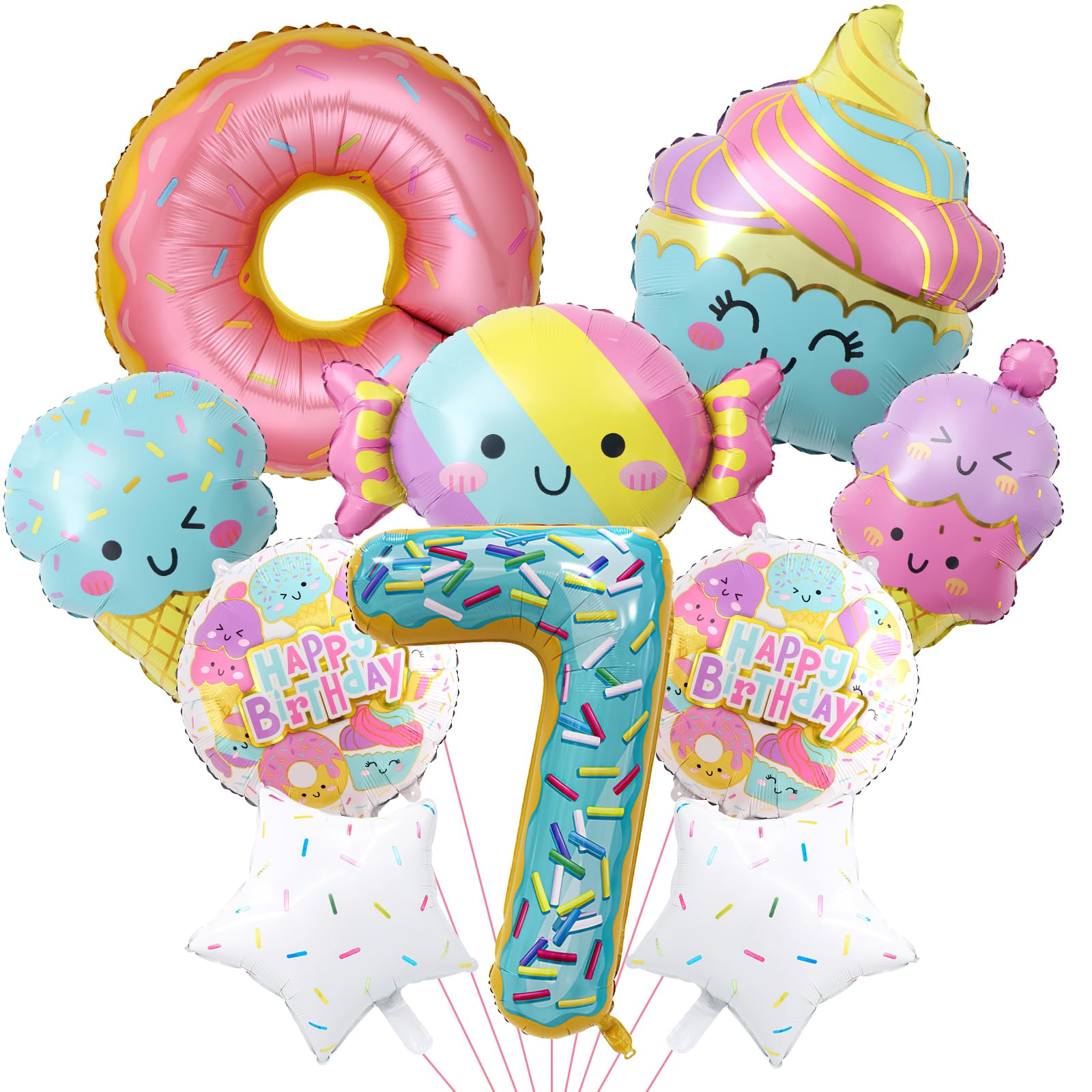 Photo 1 of 10Pcs Ice Cream Balloons, Donut Candy Birthday Number Mylar Foil Balloon Ice Cream Theme 7th Birthday Party Supplies Decorations