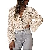 SHENHE Women's Mesh Sheer Blouse Floral Embroidered Bell Long Sleeve Button Up Dressy Shirt Top