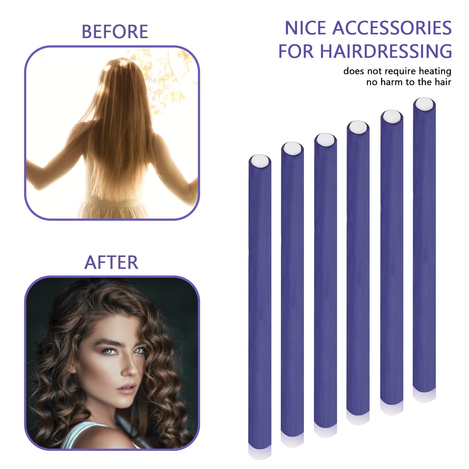 60 Pieces Flexible Curling Rods Twist Foam Flexi Rods No Heat Hair Rods Hair Rollers and Steel Pintail Rat Tail Comb for Long Hair Short Hair Women Girls (9.45 x 0.31, Purple)