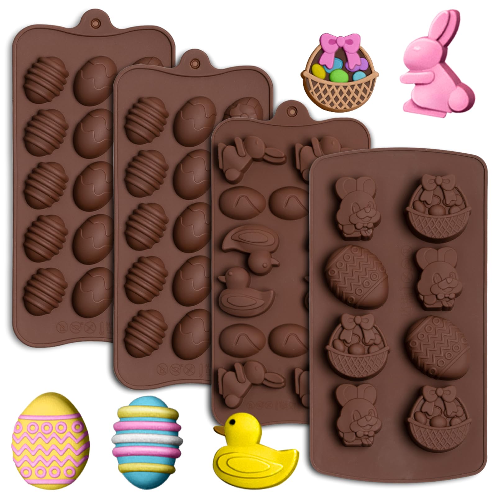 Whaline 4Pcs Easter Mold Easter Egg Mold Rabbit Mould Duck Resin Chocolate Mold Silicone Candy Pan for Easter Party Fondant Jelly Dome Mousse Cake Topper Making