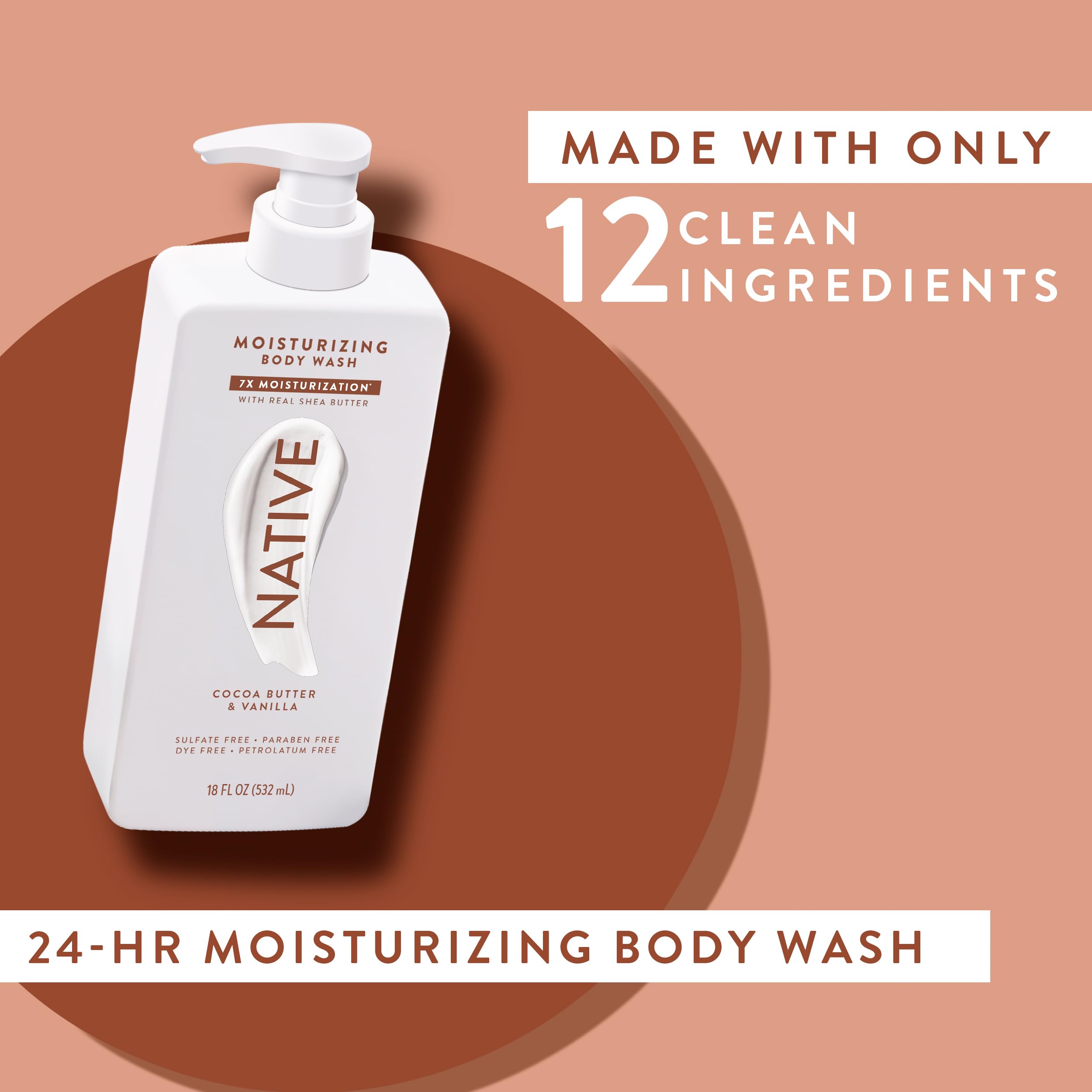 Native Moisturizing Body Wash Contains Naturally Derived Ingredients | for Women & Men, Sulfate, Paraben, & Dye Free Leaving Skin Soft & Hydrated | Cocoa Butter & Vanilla 18 oz